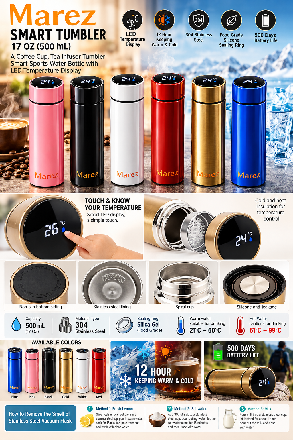 The Marez Smart Tumbler – 17 OZ LED Temperature Display | Vacuum-Insulated Stainless Steel | Coffee, Tea & Sports Water Bottle